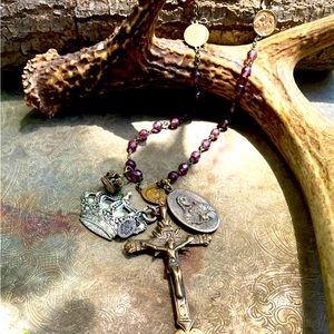 Artisan Large Cross Charm Crown Handmade Rosary Style Boho Pendant Necklace
